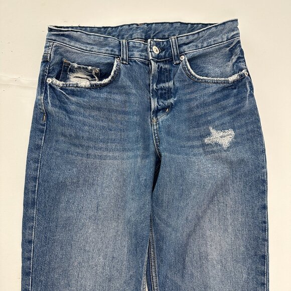&Denim Boyfriend Low Waist Distressed Button Fly Women's size 27 Blue Denim Jean - Picture 2 of 5